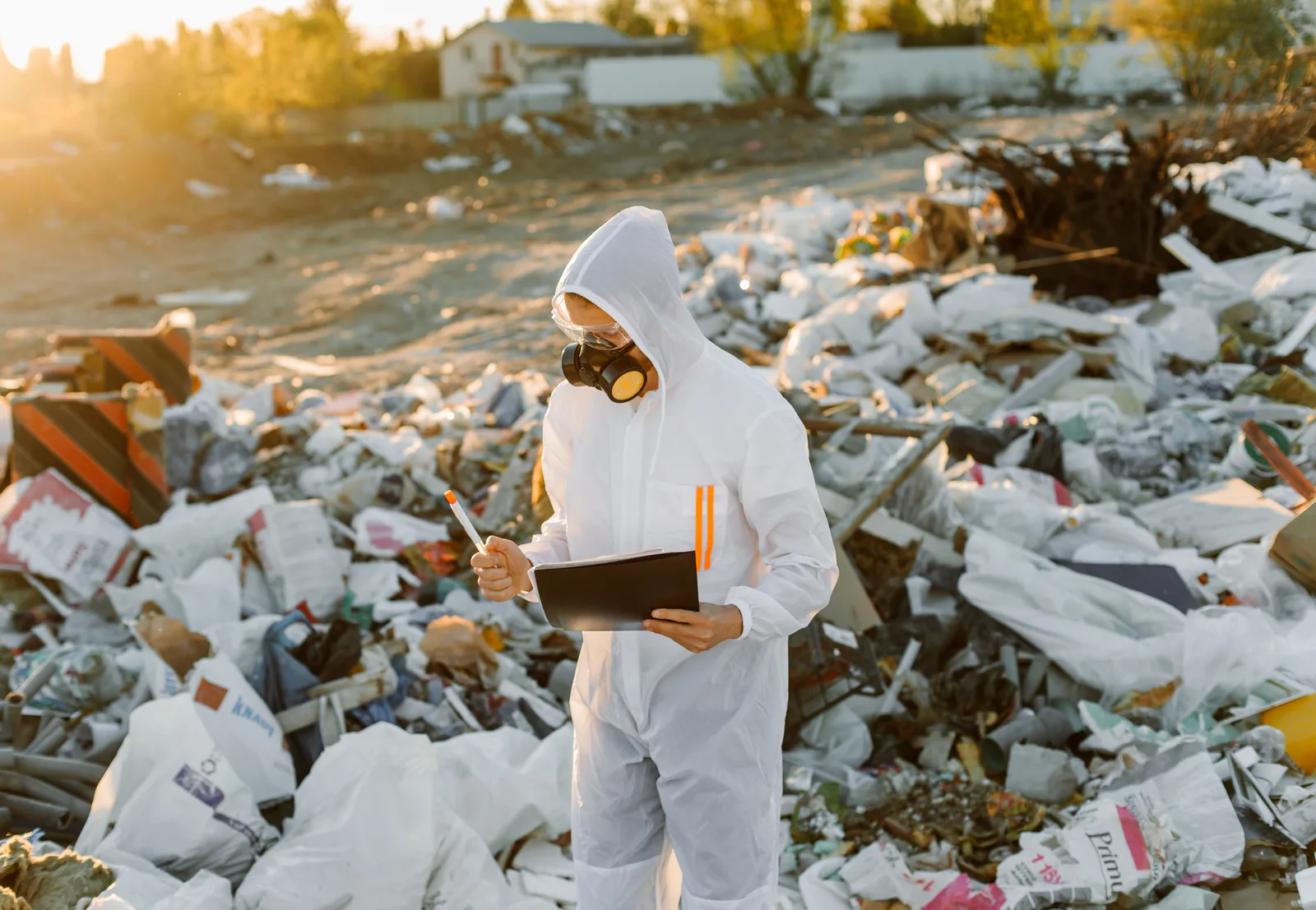 Environmental scientist assessing pollution wearing protective gear at a landfill. Dumpster rental compliance checklist by frequency