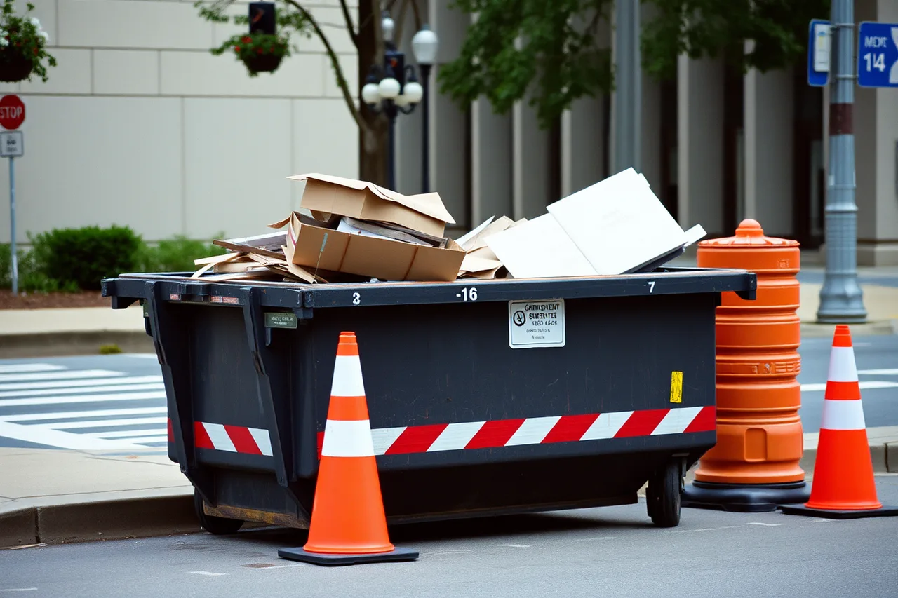 Dumpster on city street with cones and reflective tape (Why Atlanta's county permitting slows dumpster dispatch and how to fix it)
