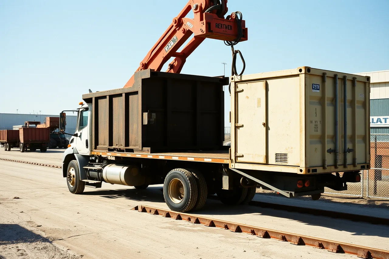 Roll-off container chained and tarped on a hook-lift truck (The rules a dumpster rental business clears before it opens)
