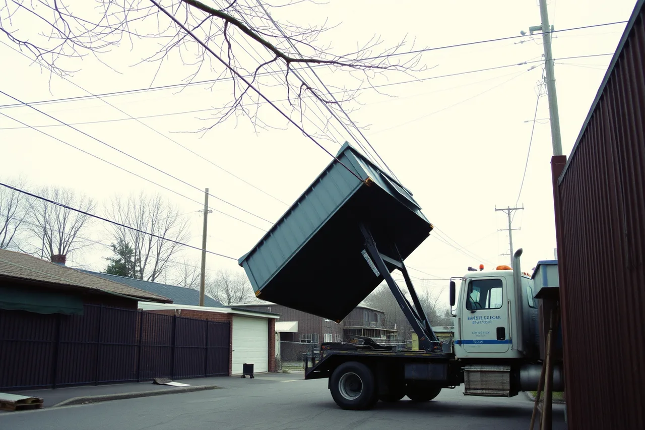 Raised dumpster container on hoist beneath overhead wires and branches (How to keep dumpster rental containers and hoists road-ready)
