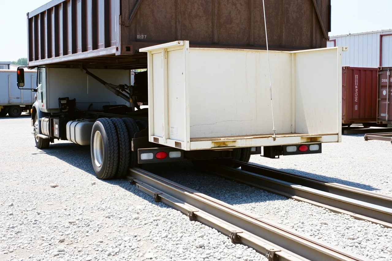 Roll-off truck with hoist rails and empty container on chassis (What a new dumpster rental business owner needs to buy: the equipment list)