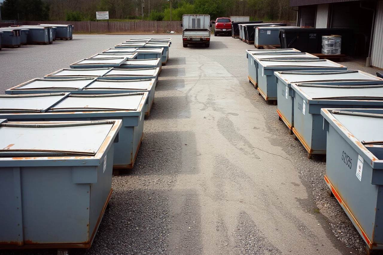 Dumpster yard with containers and clear driving lane (What a new dumpster rental business owner needs to buy: the equipment list)