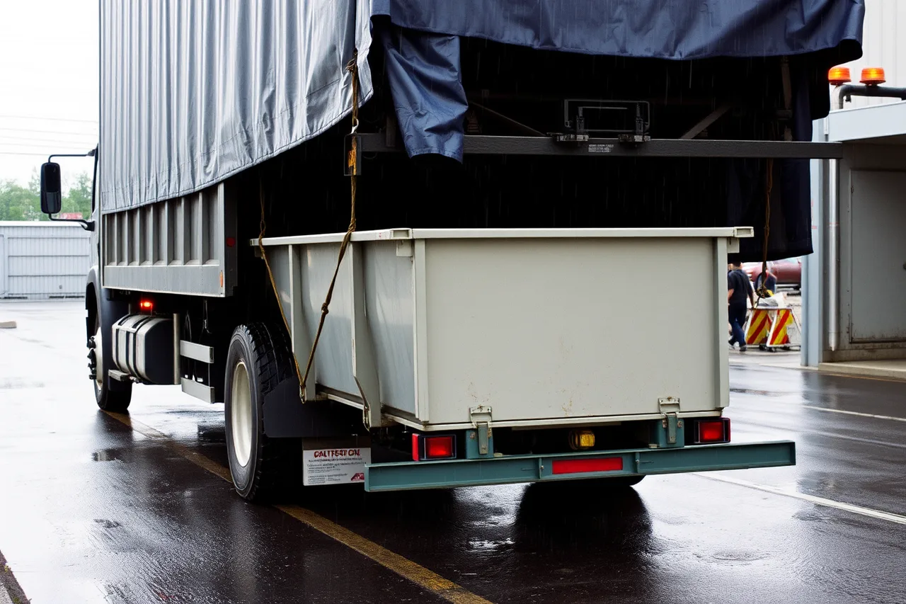 Roll-off truck with secured container and tarp covering system deployed (A dumpster rental equipment checklist built for the first job)