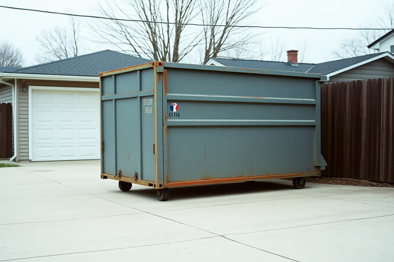 Container marked with number, business name, fill line and prohibited-materials placard (A dumpster rental equipment checklist built for the first job)