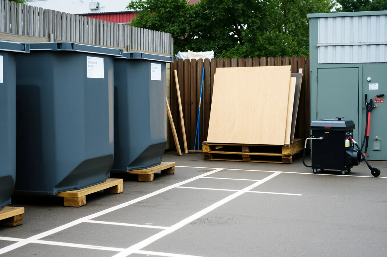 Yard with containers on cribbing, plywood matting and marked lanes (A dumpster rental equipment checklist built for the first job)