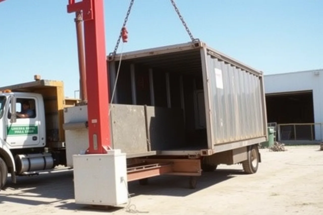 Roll-off dumpster being winched onto a dumpster truck (Dumpster rental performance indicators worth a monthly review)