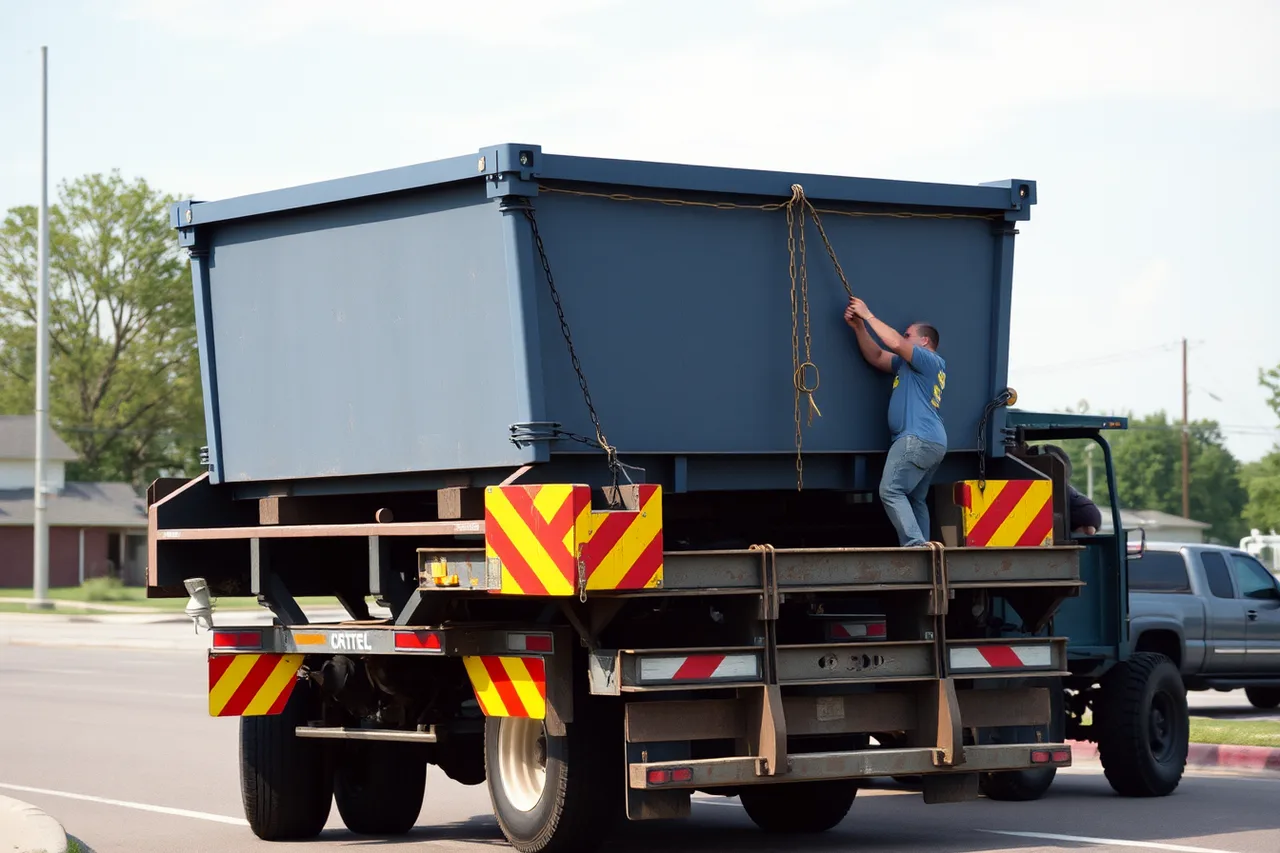 Roll-off truck driver securing a dumpster container with chains and binders (Dumpster rental regulation for owners: licences and obligations)