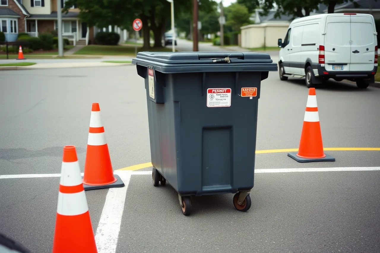 Dumpster container in a street lane with cones and permit markings (Dumpster rental regulation for owners: licences and obligations)