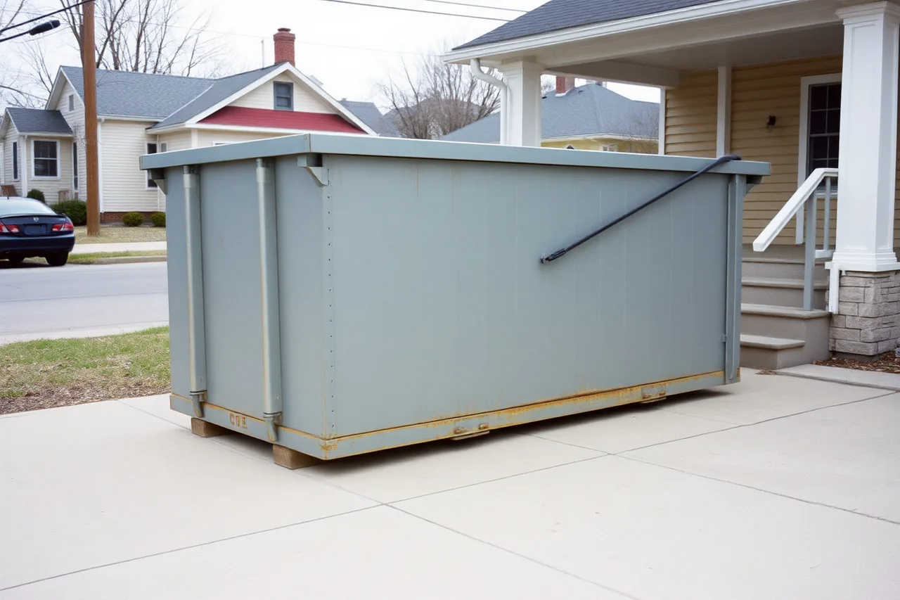 Roll-off dumpster placed on a driveway at the quoted site position (Writing dumpster rental quotes: a template plus priced examples)
