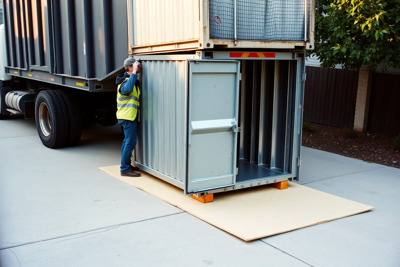 Roll-off dumpster lowered onto plywood protection on a paved driveway (The daily routine of a well-run dumpster rental: an SOP checklist)