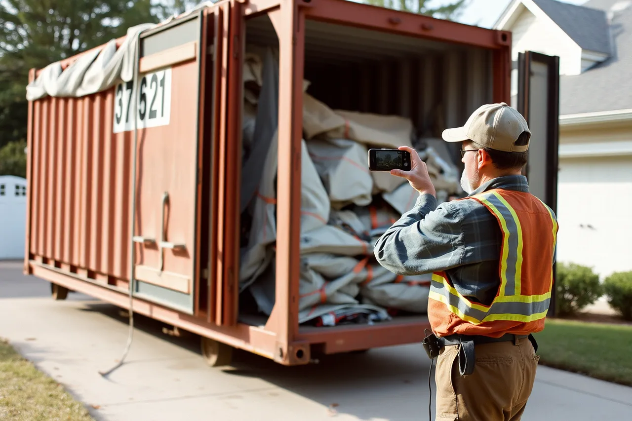 Driver photographing a loaded dumpster before the swap move (The daily routine of a well-run dumpster rental: an SOP checklist)