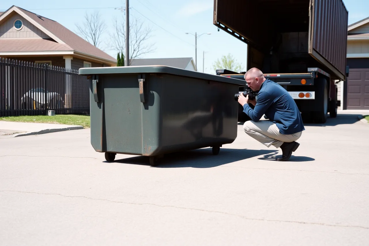 Driver photographing the ground after a dumpster is lifted (The daily routine of a well-run dumpster rental: an SOP checklist)