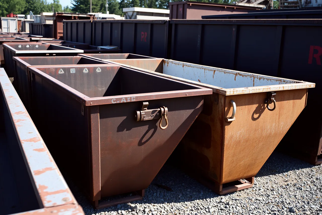 Steel roll-off dumpster containers lined up in a yard (What a dumpster rental business keeps in stock, and who supplies it)