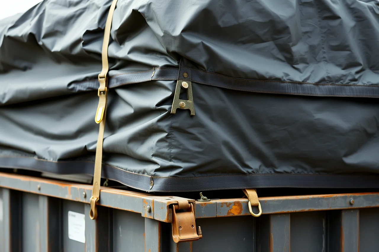 Tarp secured with ratchets and straps over a dumpster (What a dumpster rental business keeps in stock, and who supplies it)