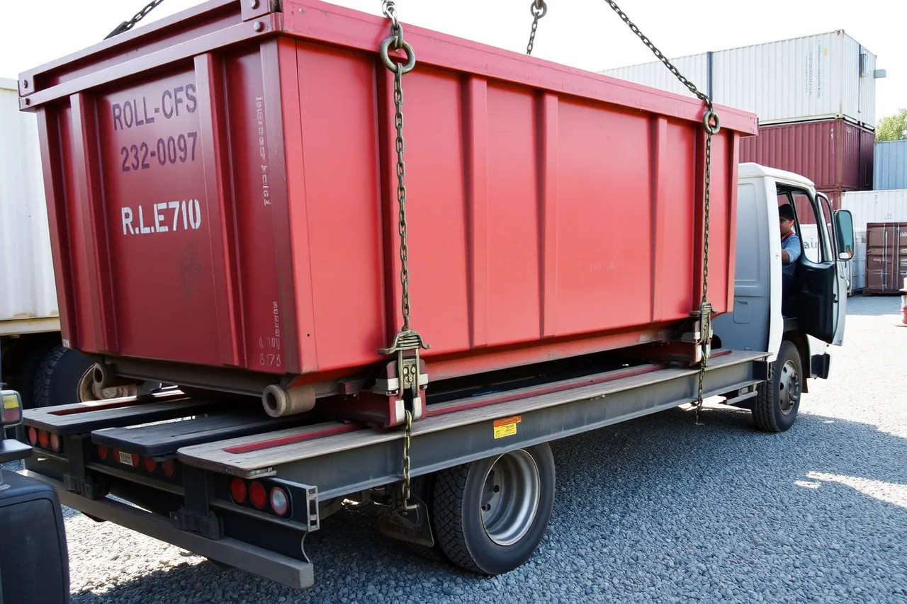 Roll-off container secured with chains and binders on a hook-lift truck (How to keep dumpster rental jobs on time)