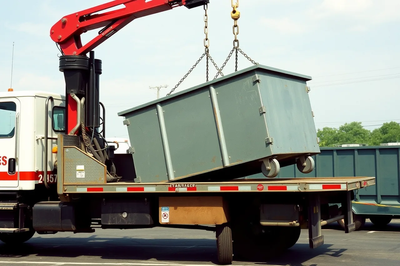 Roll-off truck with hook-lift hoist lifting a steel dumpster (Opening a dumpster rental business: market first, then everything else)