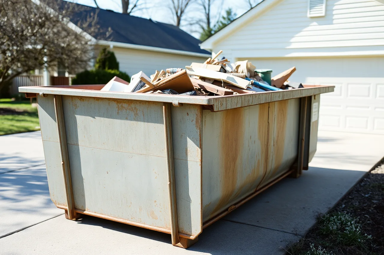 Used steel roll-off dumpster on a residential driveway filled with renovation debris (Local search for a dumpster: what to fix)