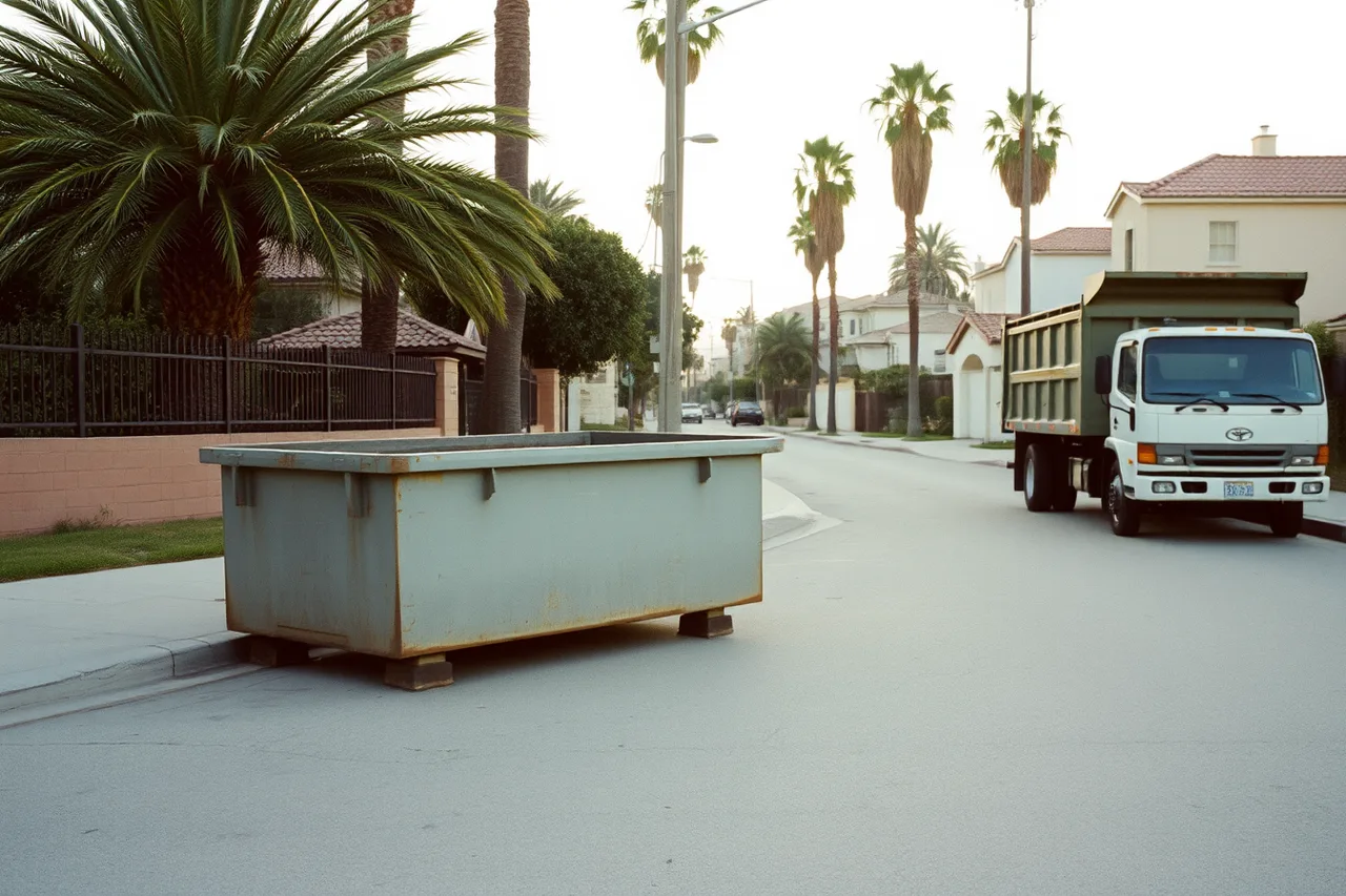 Roll-off truck placing a dumpster on a narrow Los Angeles residential street (Los Angeles waste diversion rules and dumpster dispatch efficiency)