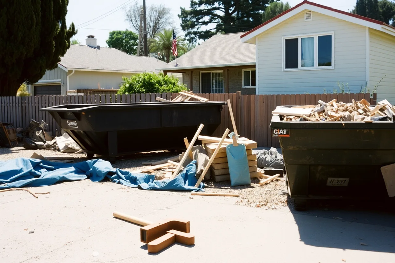 Three labeled dumpsters with a sorting zone beside them on a job site (Los Angeles waste diversion rules and dumpster dispatch efficiency)