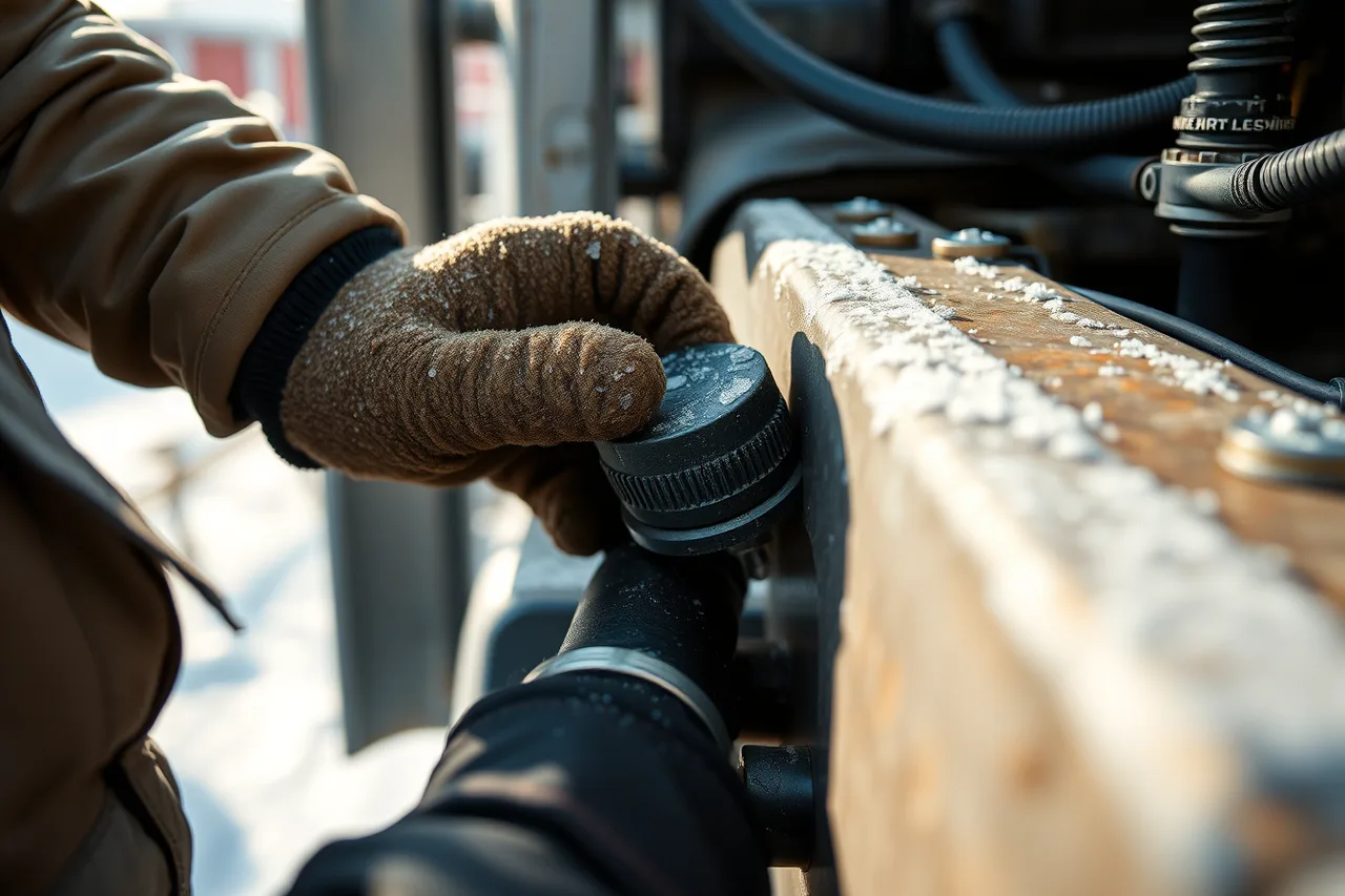 Technician checking roll-off truck hydraulic reservoir for water in winter (Winter operations for Ohio dumpster fleets, freeze, snow, and road salt)