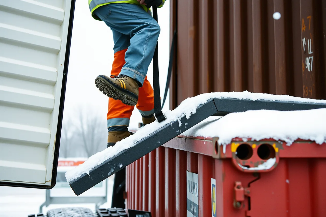 Driver in cleats and insulated gloves working on icy hoist rail (Winter operations for Ohio dumpster fleets, freeze, snow, and road salt)