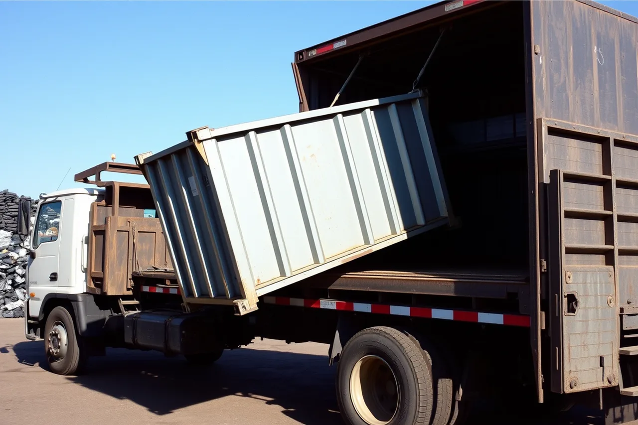 Roll-off truck hoist lifting a dumpster container in a yard (How OSHA and FMCSA rules shape dumpster truck dispatch in Texas)
