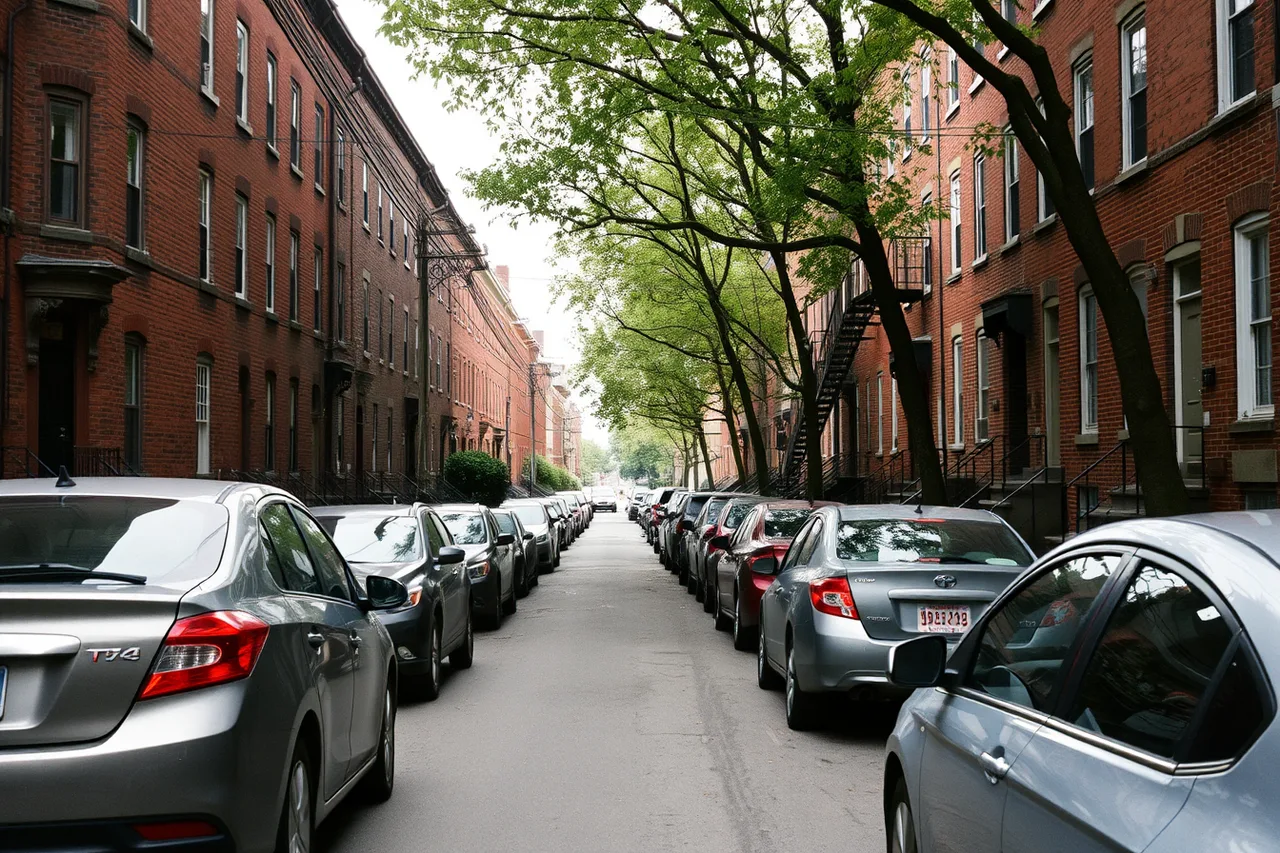 Narrow Philadelphia rowhouse street with cars parked on both sides (Philadelphia narrow-street dumpster dispatch, container sizing and routing)