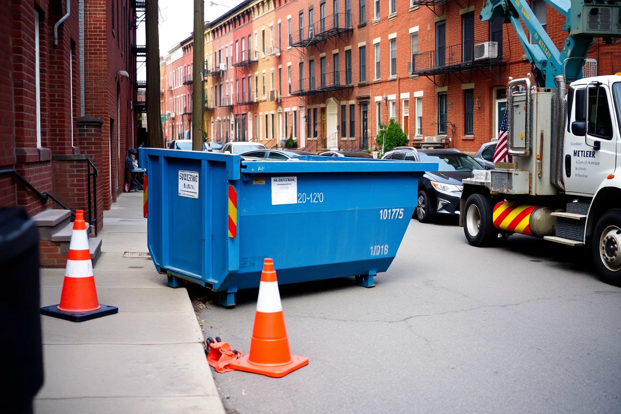 Small 10 yard dumpster placed parallel to curb on rowhouse street (Philadelphia narrow-street dumpster dispatch, container sizing and routing)